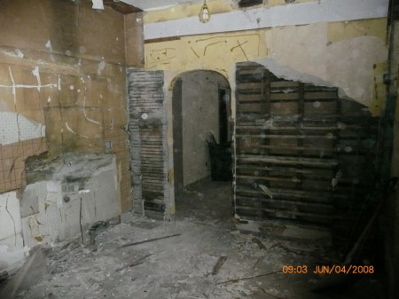 Plaster hanging to pieces of Lathe, mid demo