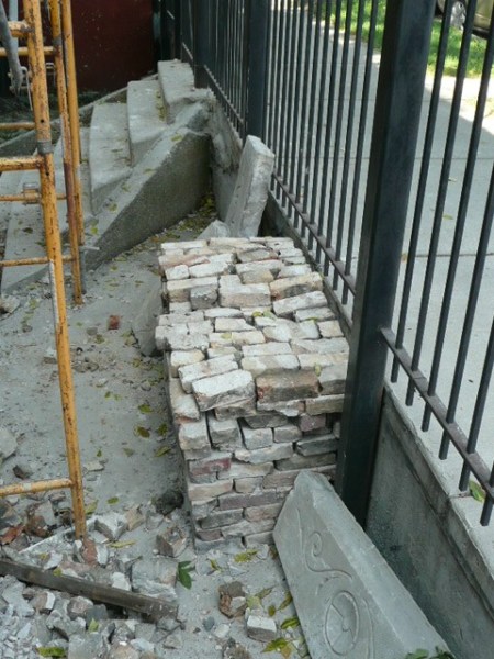 one of the several piles of saved bricks